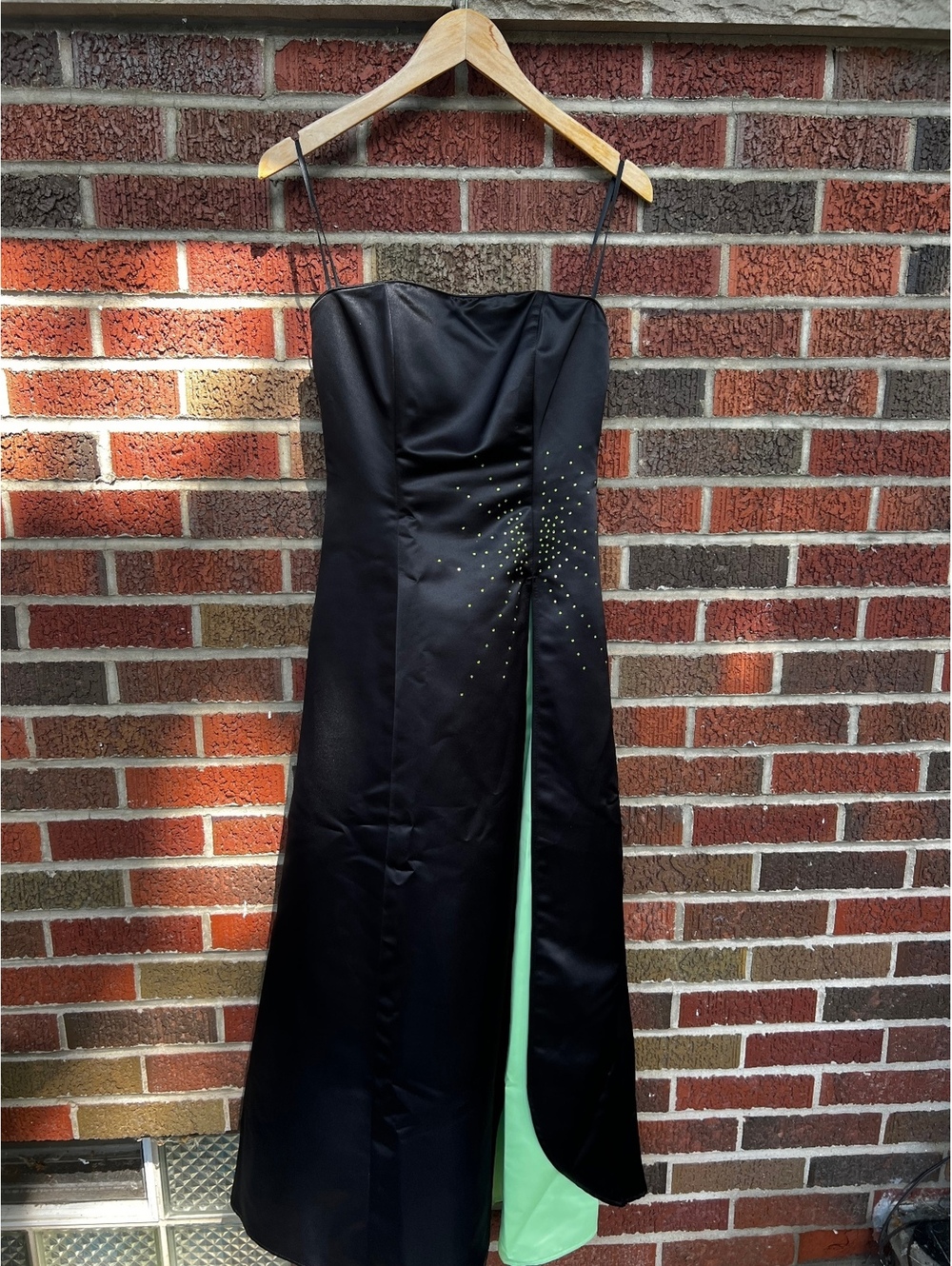 Black and Bright Green Rhinestone Side Slit Spaghetti Strap Ball Gown